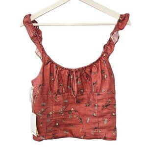 Aritzia Wilfred Boheme Linen Crop Top, Floral, Smocked, Zip Back, Size L